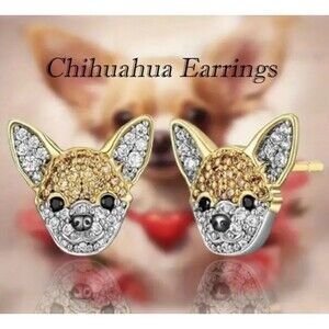gold & clear rhinestone chihuahua earrings black eyes nosems